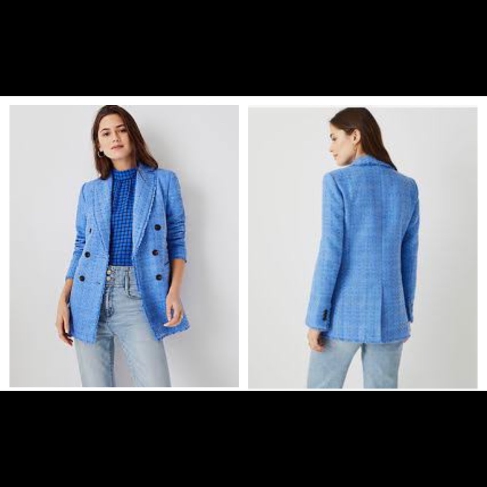 Ann Taylor Fringe Tweed Double Breasted Blazer